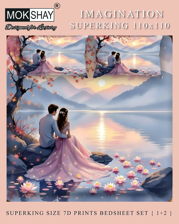 Mokshay Imagination Superking 110x110 bedding set with couple by a lake illustration.