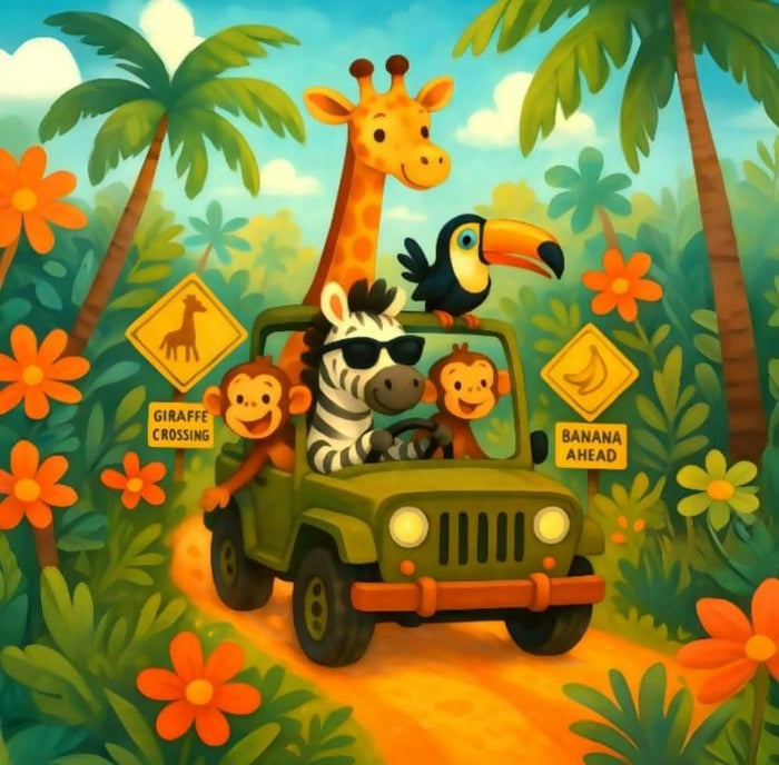 Illustration of a jeep with animals in a jungle setting