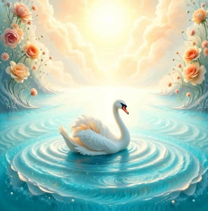 White swan swimming on water with flowers and soft light in the background