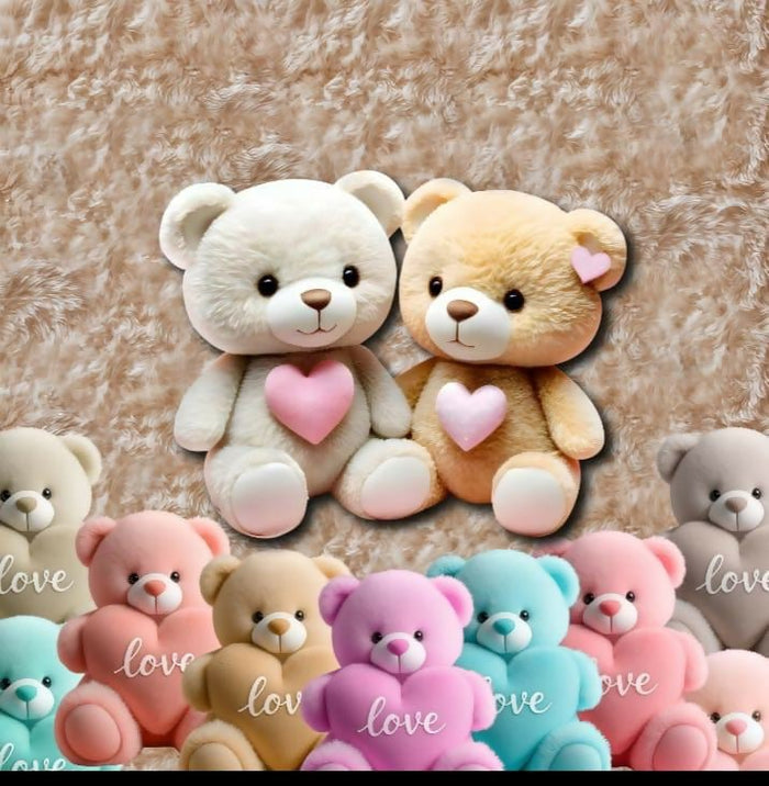 Collection of colorful teddy bears with hearts on a textured brown background