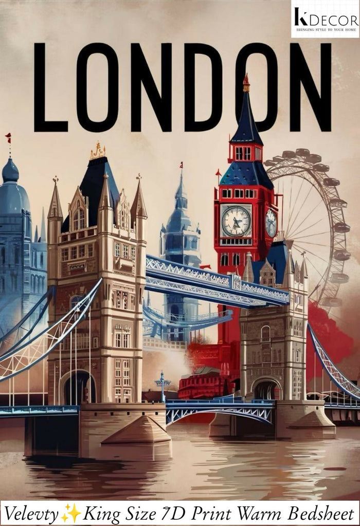 Decorative bedsheet with London-themed design featuring iconic buildings and the word 'London'.