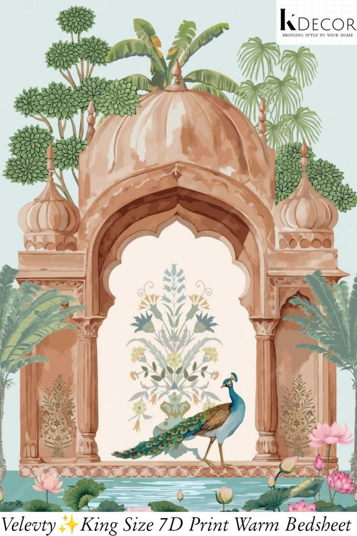 Decorative bedsheet with peacock design and architectural elements bedsheet.