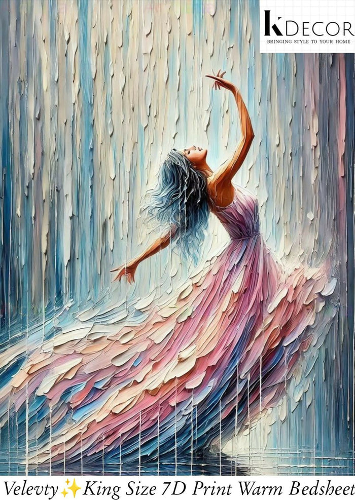 Artistic depiction of a woman in a flowing dress against a textured wall bedsheet.