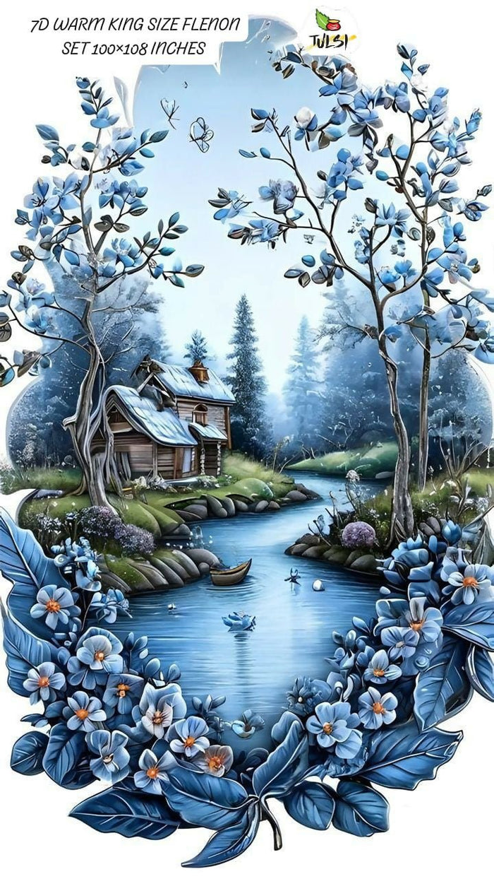 Scenic illustration with a cabin by a lake, surrounded by blue flowers and trees bedsheet.