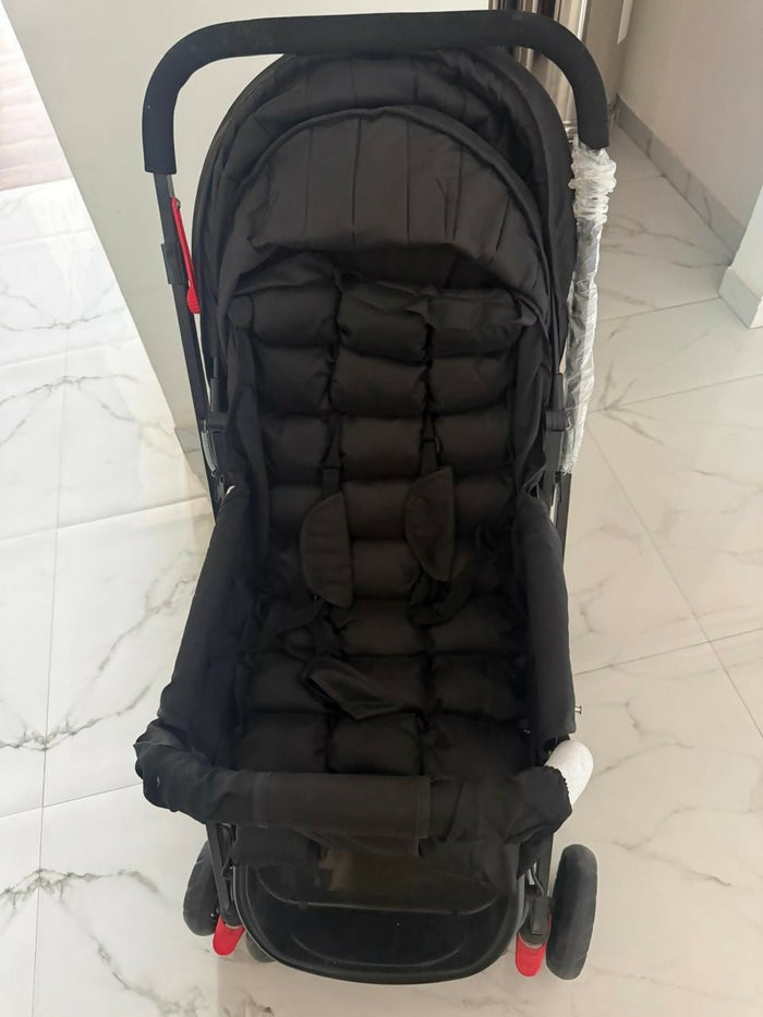 BABYHUG Cocoon stroller/pram with a reclining seat, foldable design, adjustable canopy, 5-point safety harness, smooth wheels, and storage basket for comfortable travel with babies and toddlers.