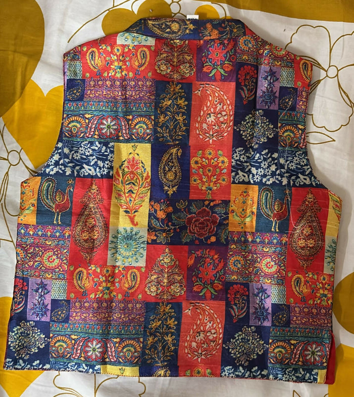 Colorful patchwork vest on a white and yellow floral background
