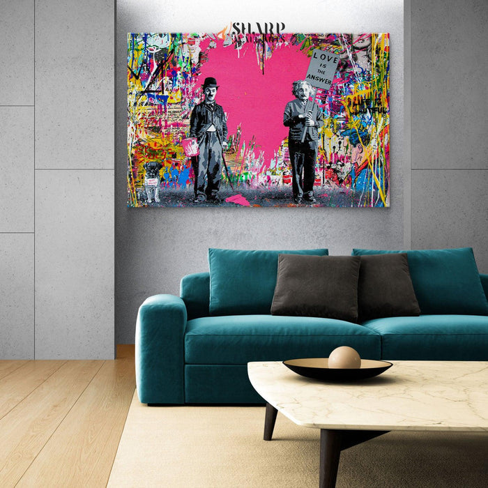 Banksy Chaplin And Einstein Love Is The Answer Graffiti Wall Art Canvas - SharpWallArts