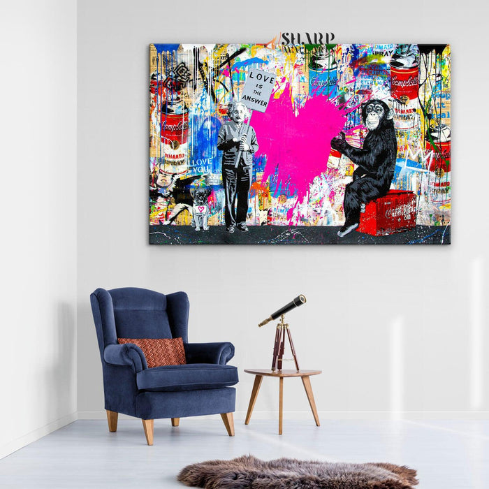 Banksy Einstein And Monkey Love Is The Answer Graffiti Wall Art Canvas - SharpWallArts