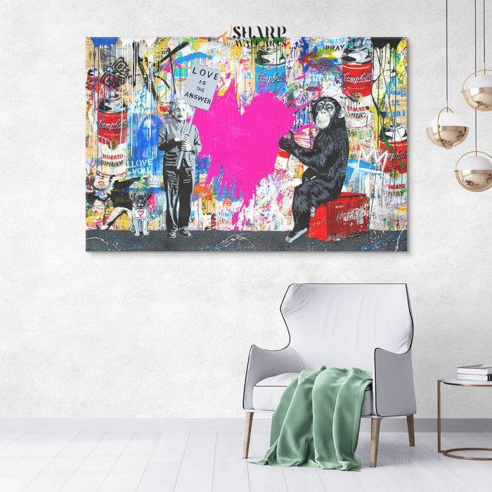 Banksy Einstein And Monkey Love Is The Answer Graffiti Wall Art Canvas - SharpWallArts
