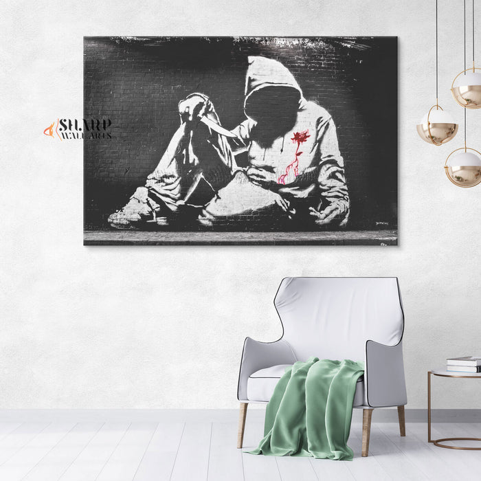 Banksy Hoodie With Knife Canvas Wall Art