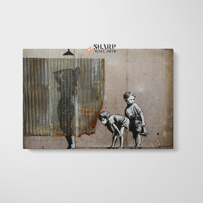 Banksy Lady Shower Peeping Tom Boys Canvas Wall Art