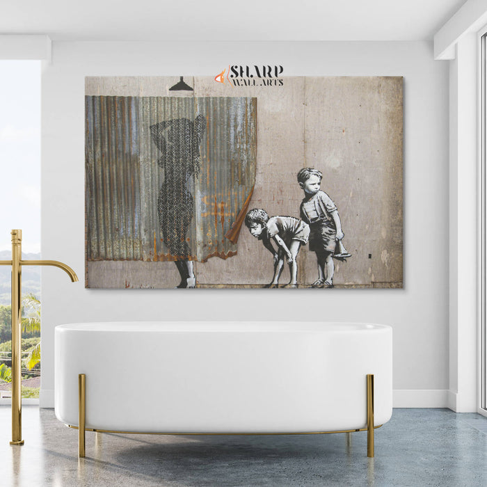 Banksy Lady Shower Peeping Tom Boys Canvas Wall Art