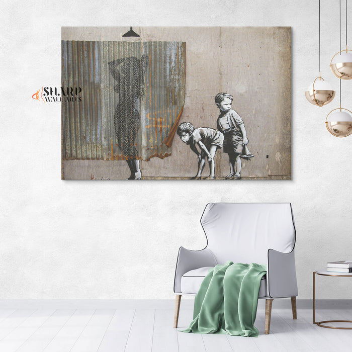 Banksy Lady Shower Peeping Tom Boys Canvas Wall Art