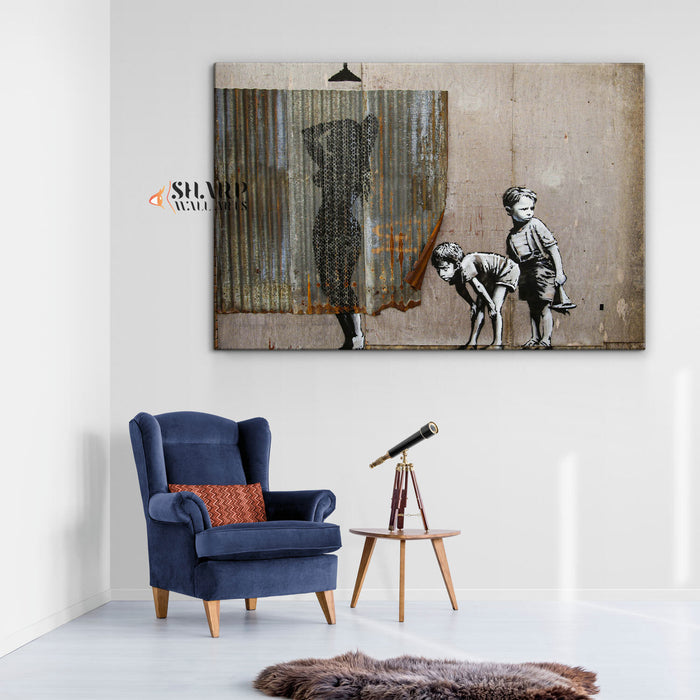 Banksy Lady Shower Peeping Tom Boys Canvas Wall Art