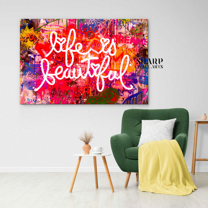 Banksy Life Is Beautiful Neon Sign Canvas Wall Art