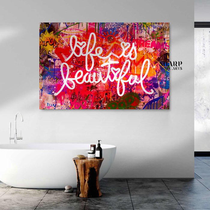 Banksy Life Is Beautiful Neon Sign Canvas Wall Art