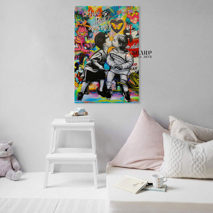 Banksy Love Is The Answer Kissing Kids Canvas Wall Art