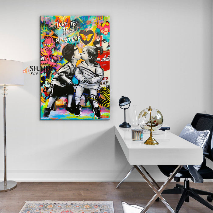 Banksy Love Is The Answer Kissing Kids Canvas Wall Art