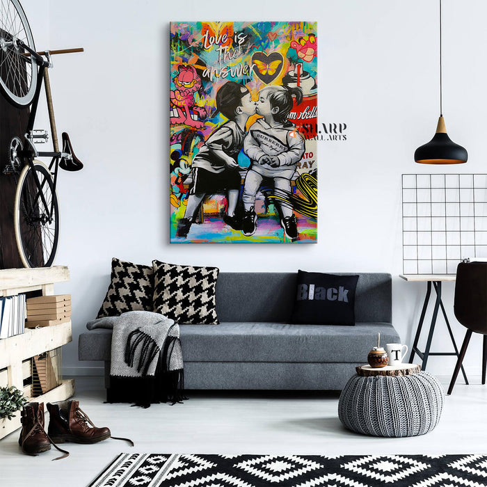 Banksy Love Is The Answer Kissing Kids Canvas Wall Art