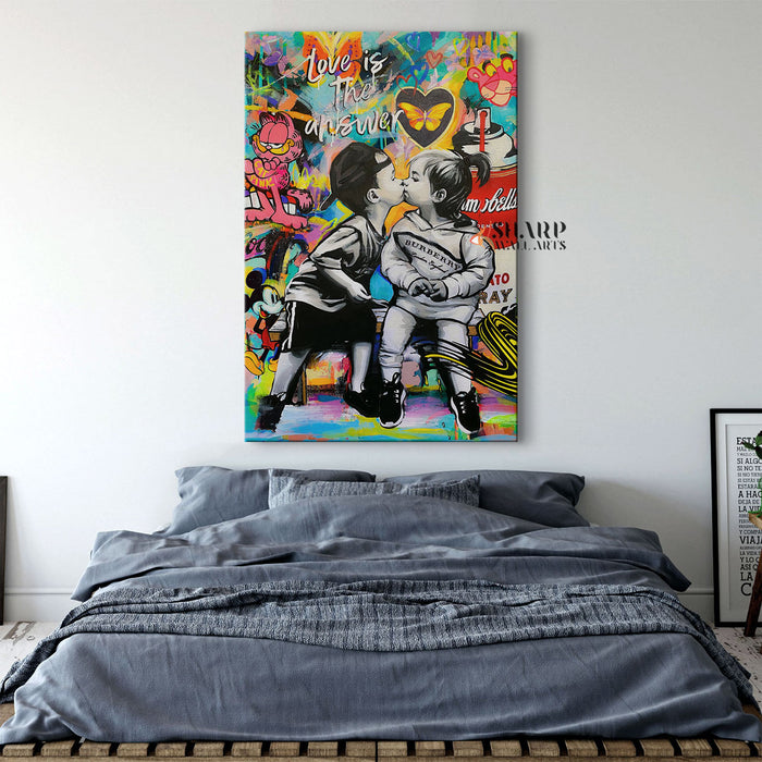Banksy Love Is The Answer Kissing Kids Canvas Wall Art
