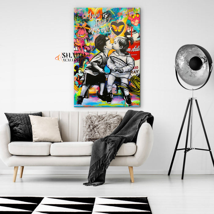 Banksy Love Is The Answer Kissing Kids Canvas Wall Art