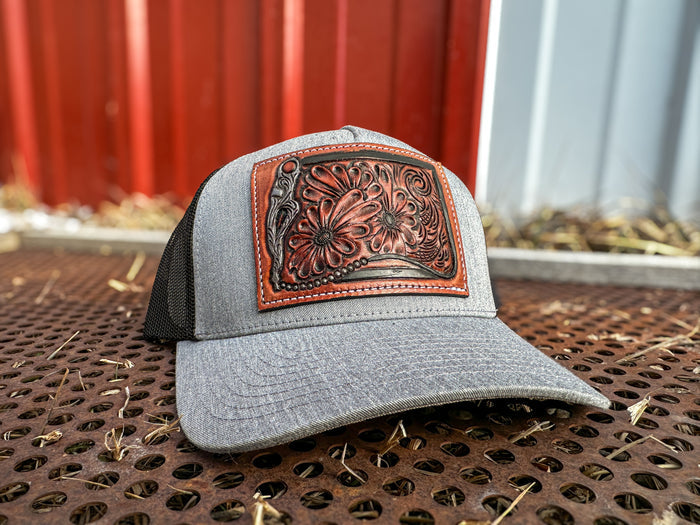 Bridle Bit and Daisy Tooled Leather Patch Cap