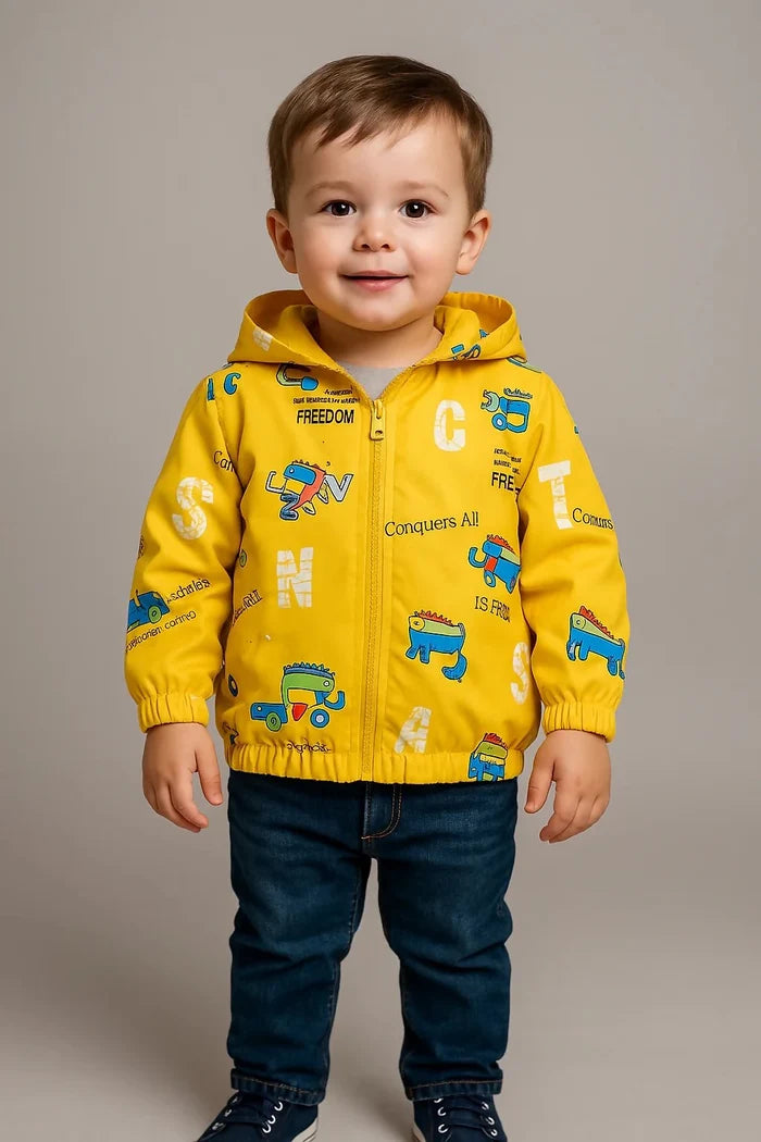 Child wearing a yellow jacket with colorful designs