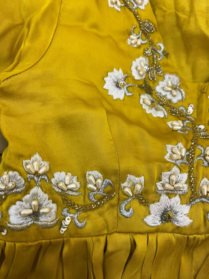 Elegant pure crepe lehenga set for baby girls with hand-thread work and accessories; stylish kurta-pyjama set for baby boys, perfect for festive occasions.