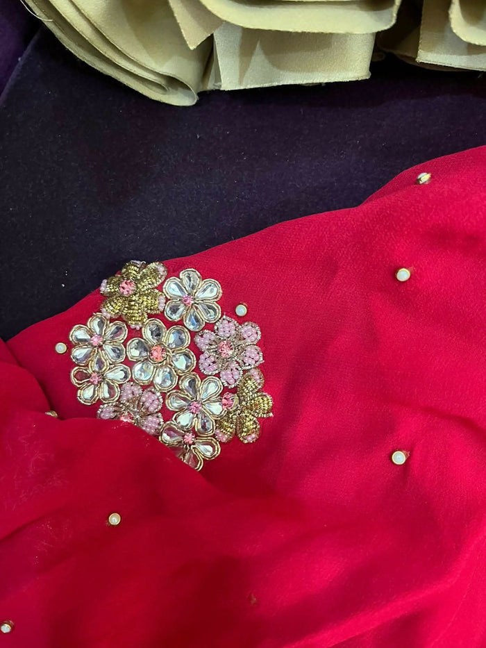 Pure georgette lehenga set for baby girls with handwork butti and matching accessories, plus a stylish baby boy kurta-pyjama set for festive elegance.