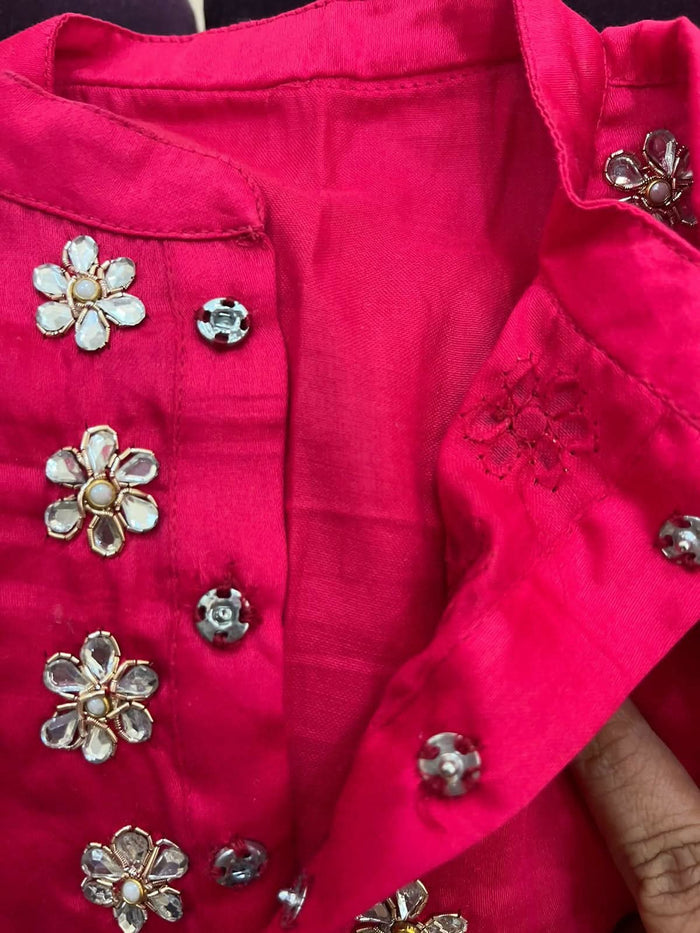 Pure georgette lehenga set for baby girls with handwork butti and matching accessories, plus a stylish baby boy kurta-pyjama set for festive elegance.