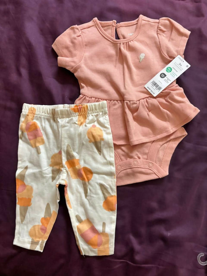 CARTER’S baby girl 2-piece set – peach cotton bodysuit with ice cream print leggings.