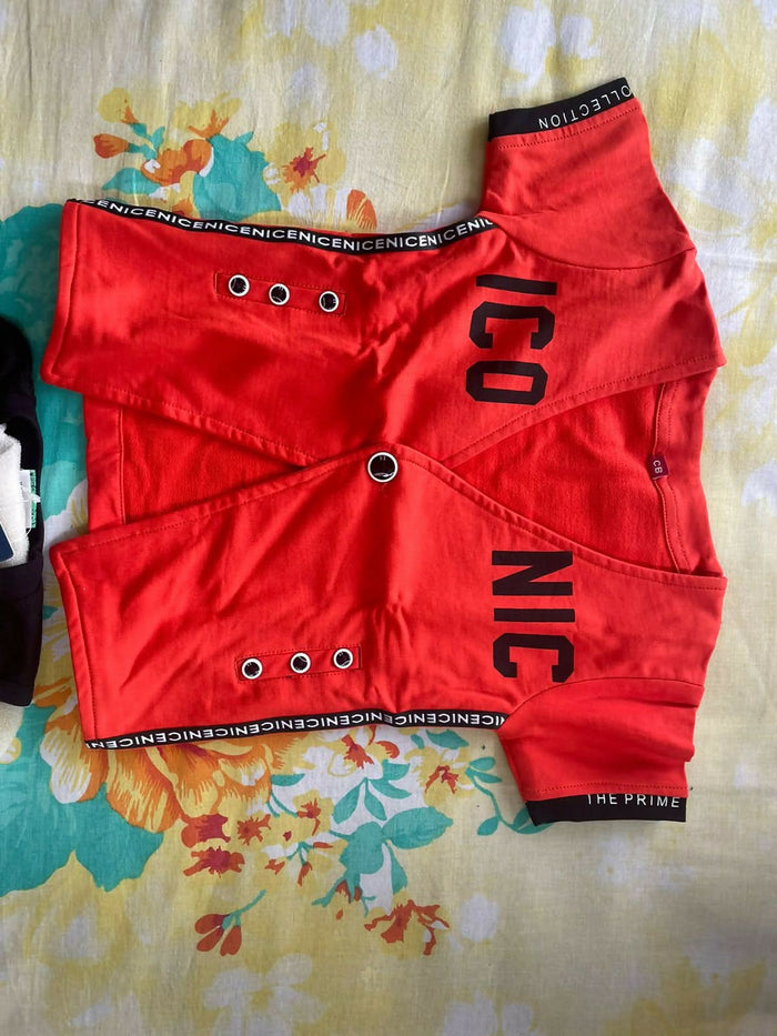 CITYBOY Dress with Sleeveless TShirt (Black), Red cotton jacket (Half Sleeves) and Printed Nicker - PyaraBaby