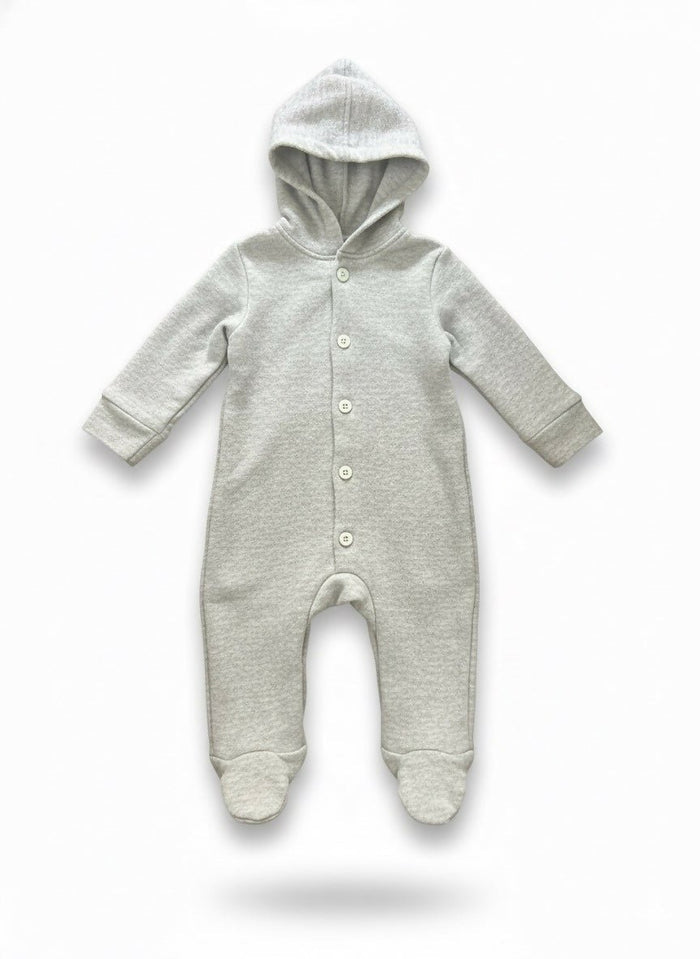 Gray baby onesie with a hood