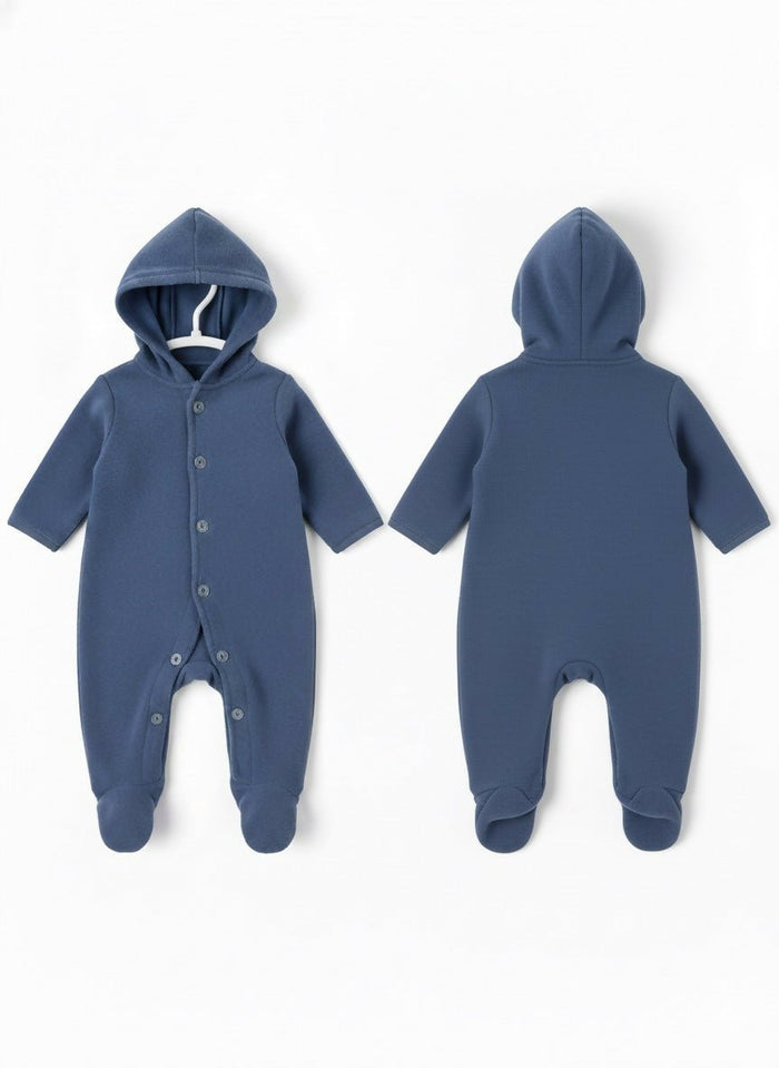 Blue baby onesie with hood shown from front and back