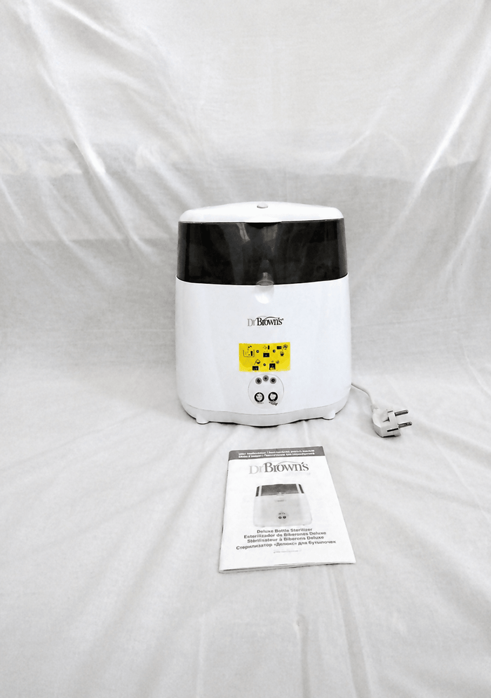 Dr. Brown's Deluxe electric steam bottle sterilizer with BPA-free construction, 6-bottle capacity, and spacious compartments for bottles, nipples, pacifiers, and baby feeding accessories.
