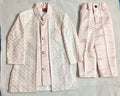 Elegant Cream & Pink Traditional Party Wear Set for 1-year-old baby boy featuring a festive ethnic design, comfortable fabric, stylish detailing, and coordinated pieces for weddings, birthdays, and celebrations.