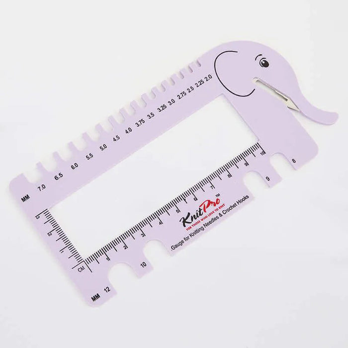 KnitPro elephant-shaped knitting needle gauge on a white background