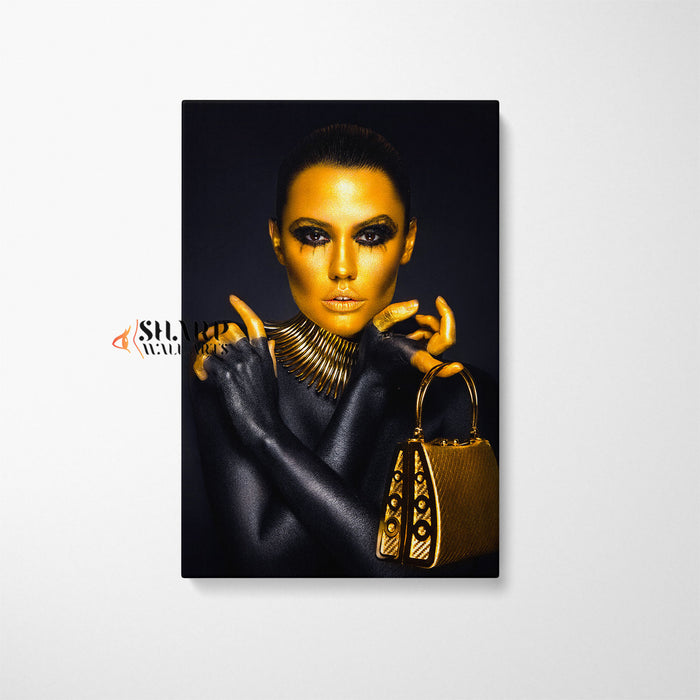 Fashion Woman Portrait Golden Makeup Canvas Wall Art