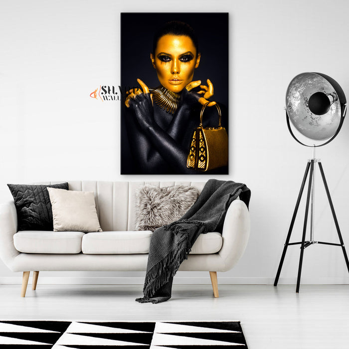 Fashion Woman Portrait Golden Makeup Canvas Wall Art