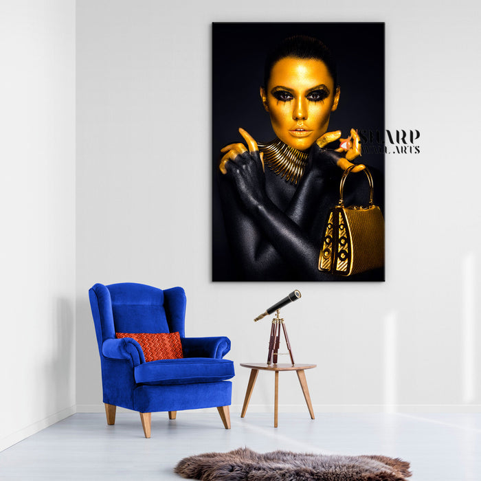 Fashion Woman Portrait Golden Makeup Canvas Wall Art