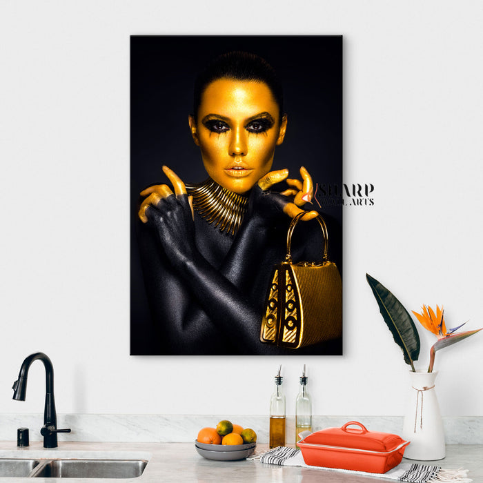 Fashion Woman Portrait Golden Makeup Canvas Wall Art