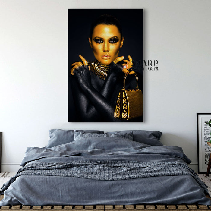 Fashion Woman Portrait Golden Makeup Canvas Wall Art