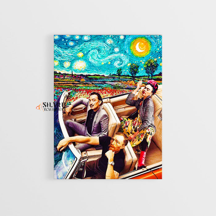 Frida Dali Van Gogh In Car Starry Night Canvas Wall Art