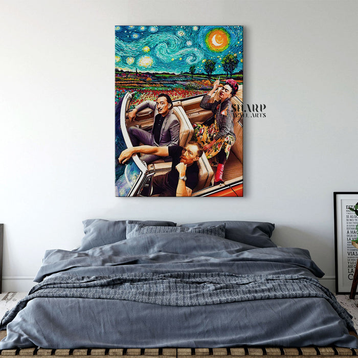 Frida Dali Van Gogh In Car Starry Night Canvas Wall Art