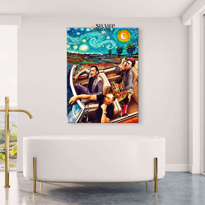 Frida Dali Van Gogh In Car Starry Night Canvas Wall Art