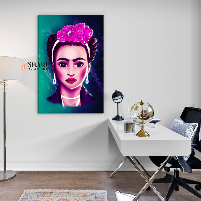 Frida Kahlo And Purple Flowers Cartoon Character Canvas Wall Art