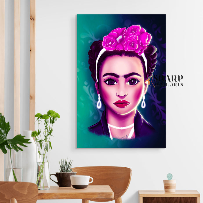 Frida Kahlo And Purple Flowers Cartoon Character Canvas Wall Art