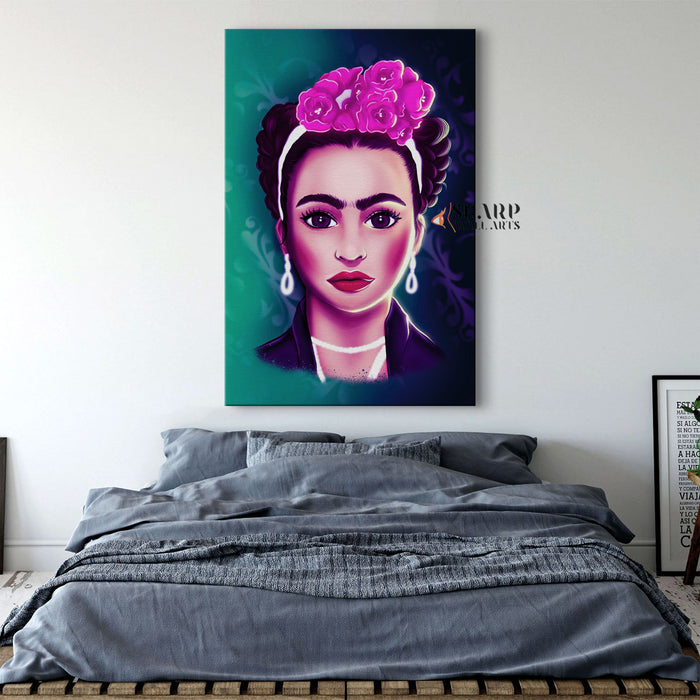 Frida Kahlo And Purple Flowers Cartoon Character Canvas Wall Art