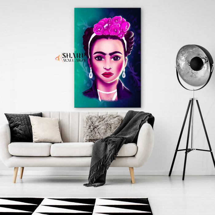 Frida Kahlo And Purple Flowers Cartoon Character Canvas Wall Art