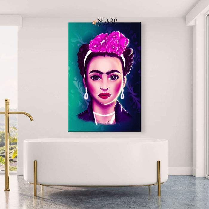 Frida Kahlo And Purple Flowers Cartoon Character Canvas Wall Art
